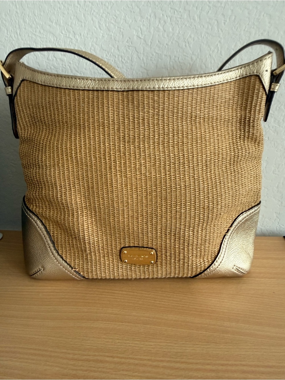 Michael Kors Woven Straw Shoulder Bag with Metallic Gold Trim